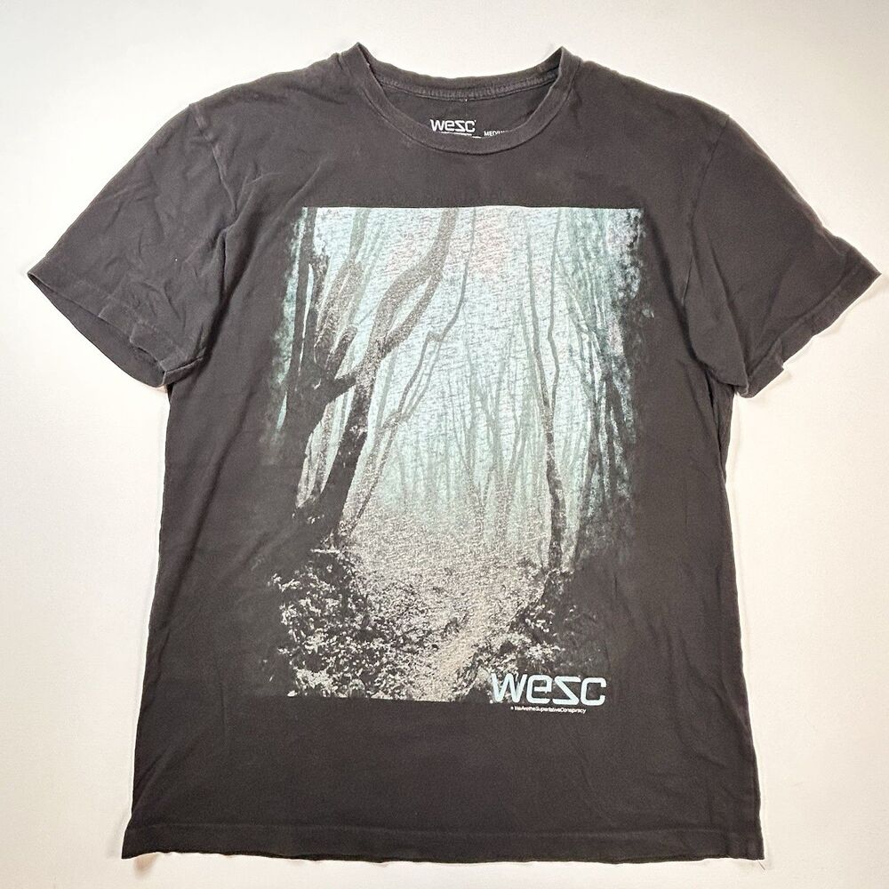 WESC Superlative Conspiracy Sweden Black Cotton T-Shirt Forest Graphic Size M
